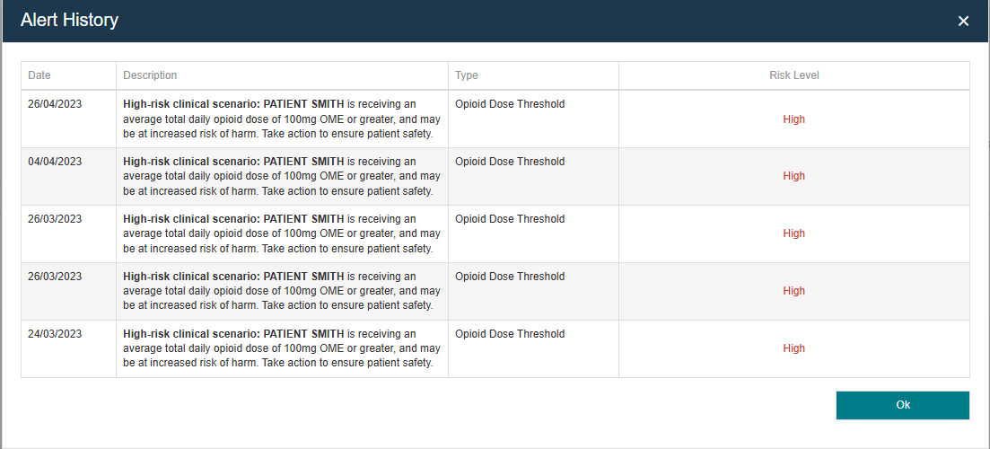 Alert History for same patient viewed from within the practitioner portal – does not show the alert that was concealed in MP