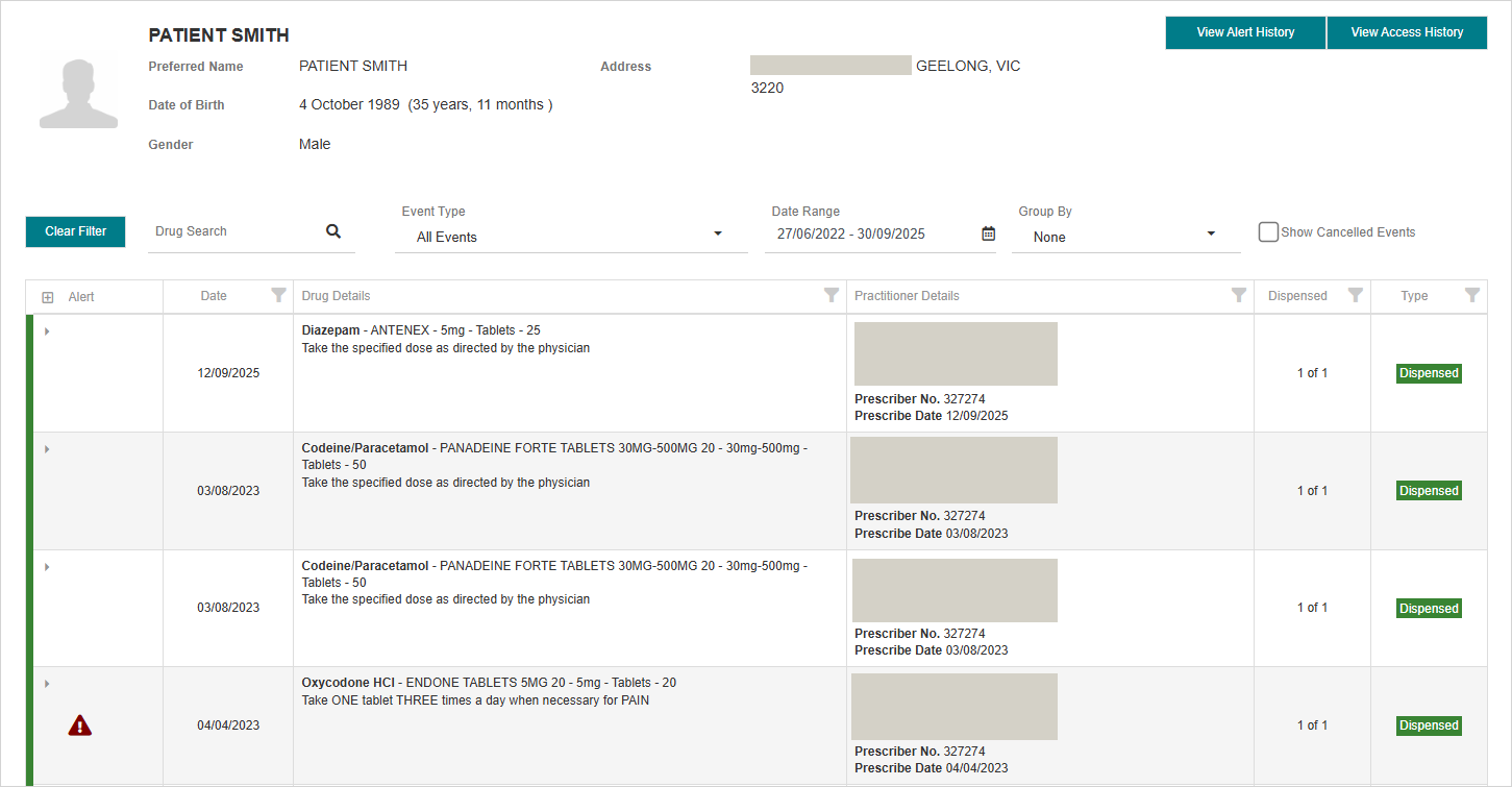 Medication events from above  patient as viewed from within the practitioner portal – Will display fewer records