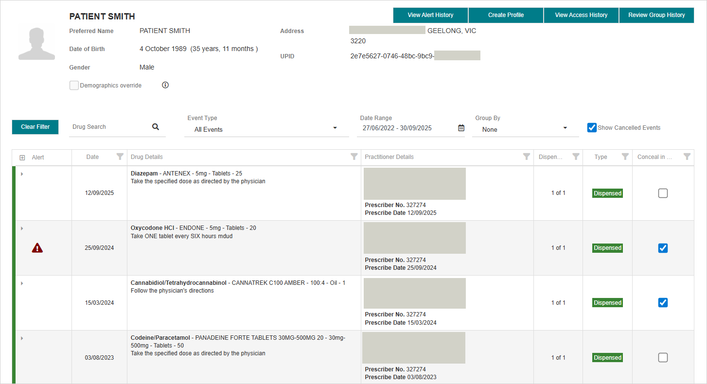 Medication events with the “Conceal in HPP” column displayed – one record shows the conceal in HPP value checked