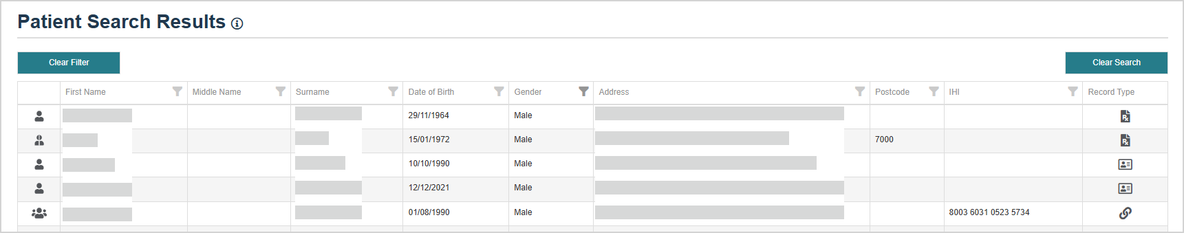 Patient search results